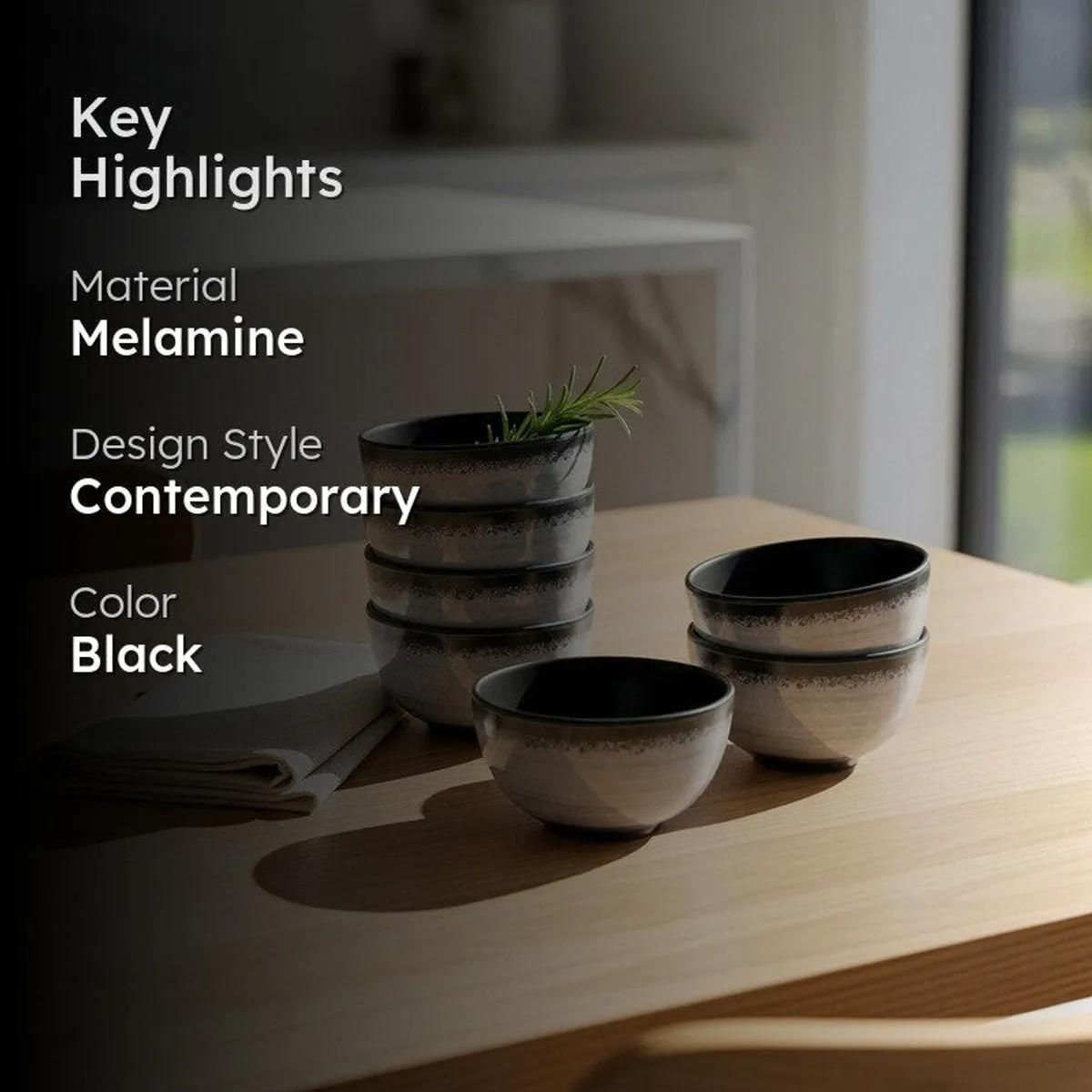 Circular Black Melamine Snack Bowls (140 mL Each) - Set of Six - 2