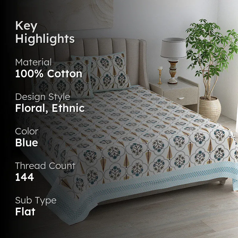 Kritika Cotton Bedsheet (Blue, Mustard) - 144 TC media 2
