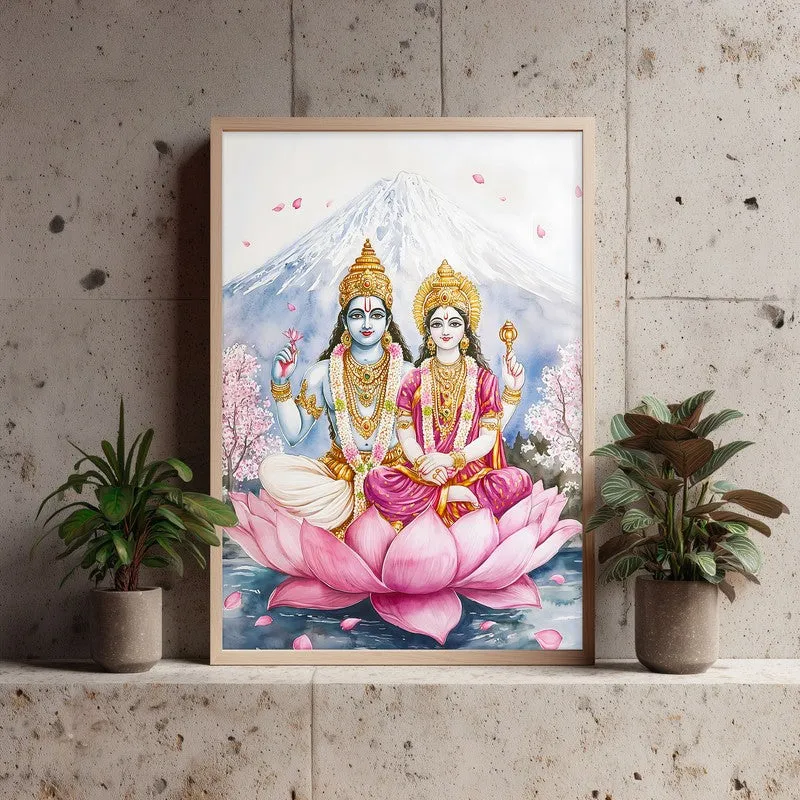 Lakshminarayana Spiritual Archival Paper Wall Painting - Natural Brown Frame media 3