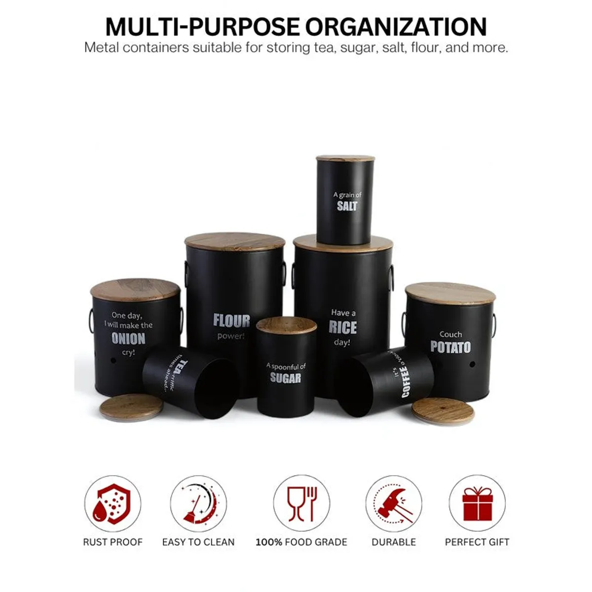 Black metal containers in varied sizes arranged together with feature icons below.