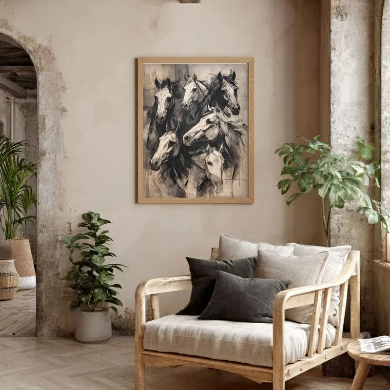 Noble Horses Wall Painting With Brown Frame media 5