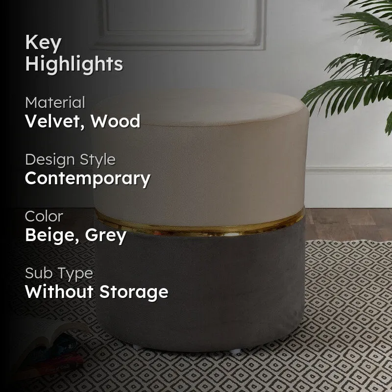 Dualtone Solid Velvet Pouffe - Beige & Grey media 2