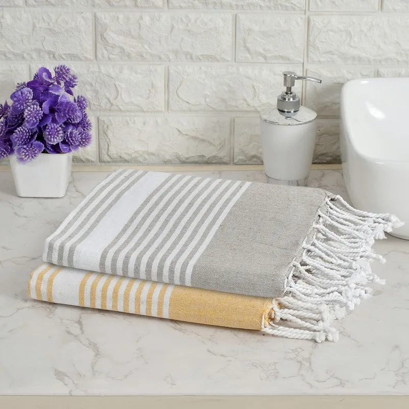 Loomera Striped Cotton Bath Towels (Yellow & Beige) - Set Of Two media 1