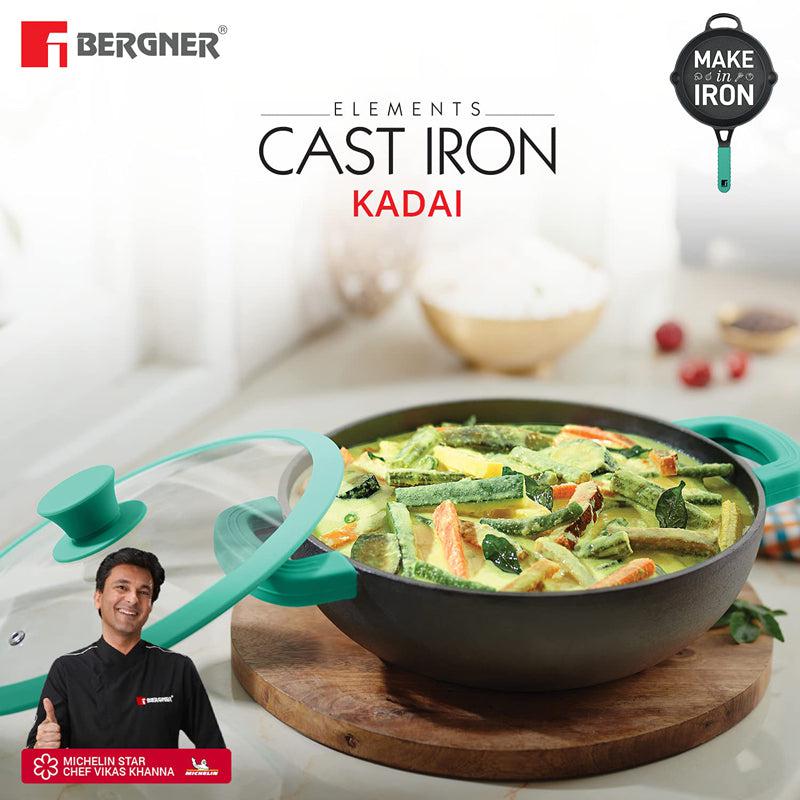 Bergner Cast Iron Kadhai With Lid - 3800 mL/11 Inches media 4