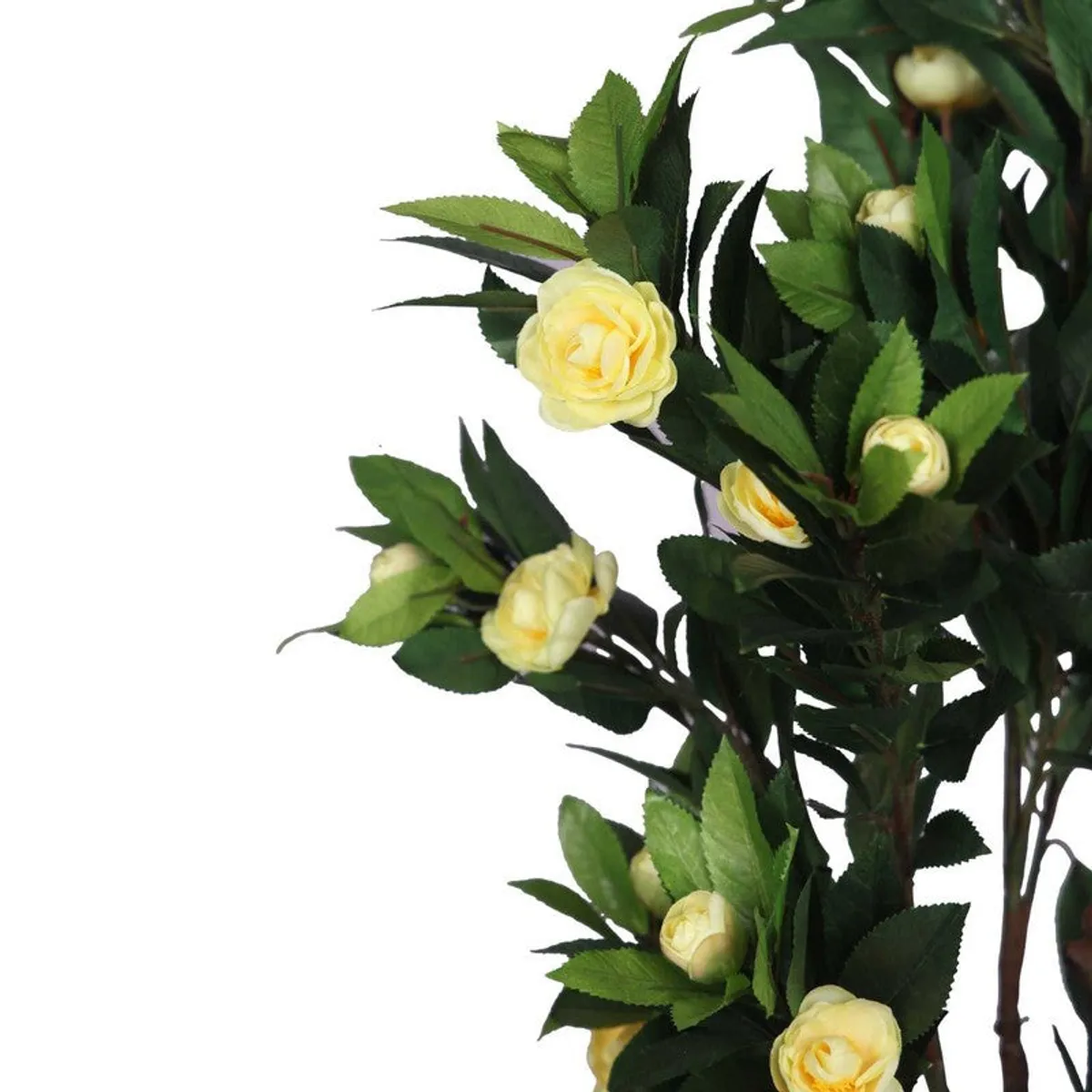 Detailed view of yellow artificial rose blooms and green fabric leaves