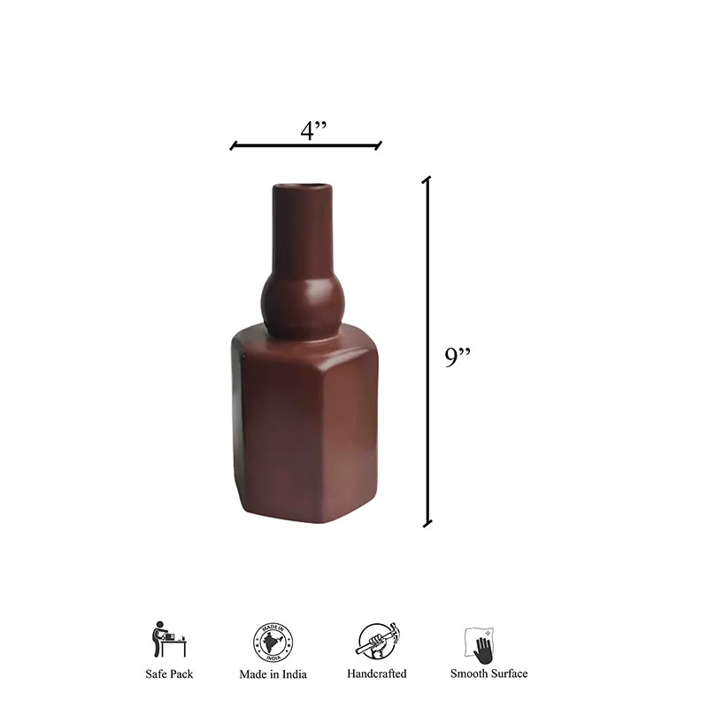 Brown vase shown against a white background with dimension arrows and feature icons