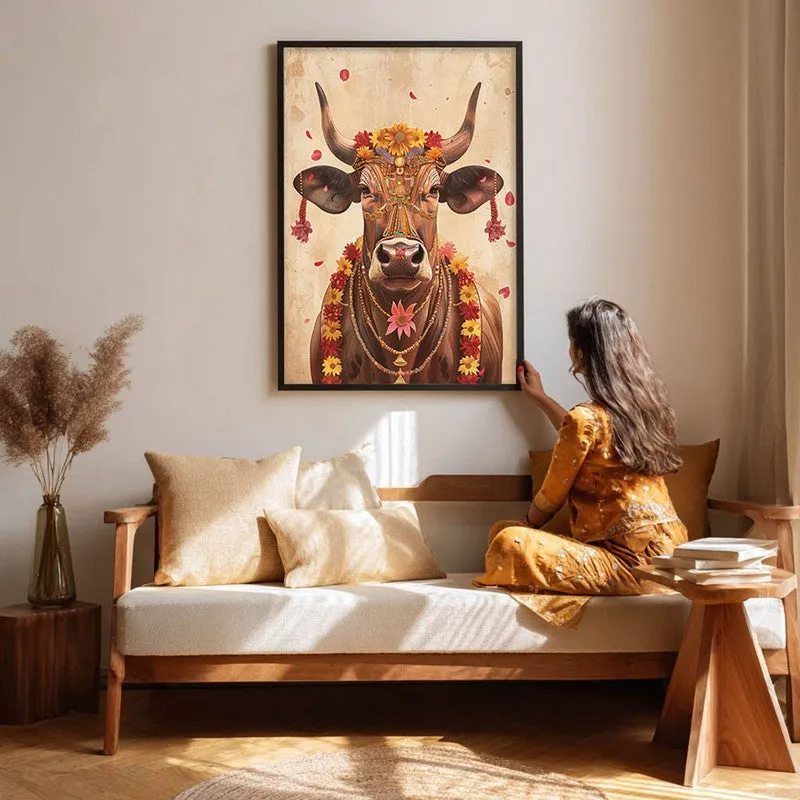 Divine Cow Traditional Canvas Wall Painting With Black Frame media 5