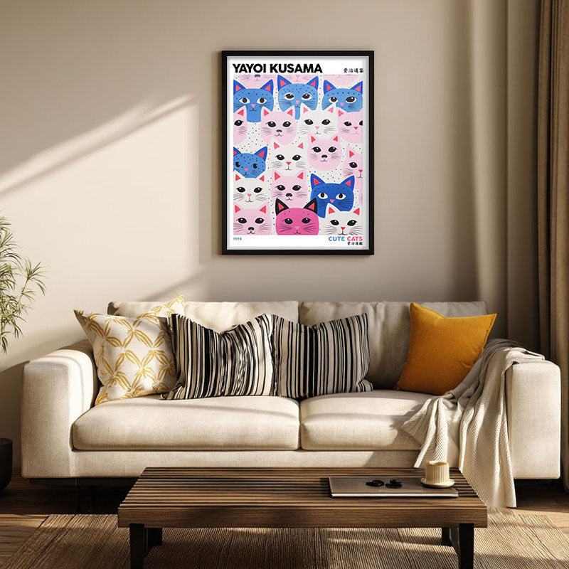 Cute Cats Inspired by Yayoi Kusama Wall Art - Black Frame