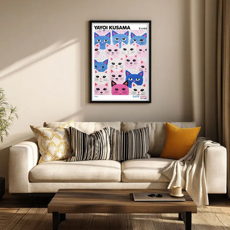 Cute Cats Inspired by Yayoi Kusama Wall Art - Black Frame media 1