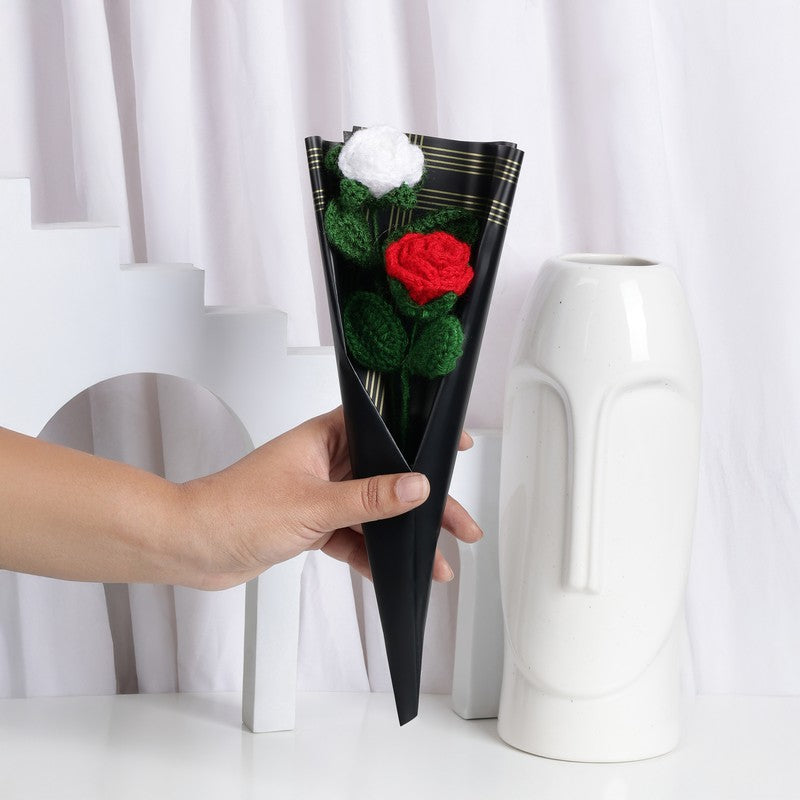 Crochet Handmade Rose Bouquet (White,Red) - Set Of Two