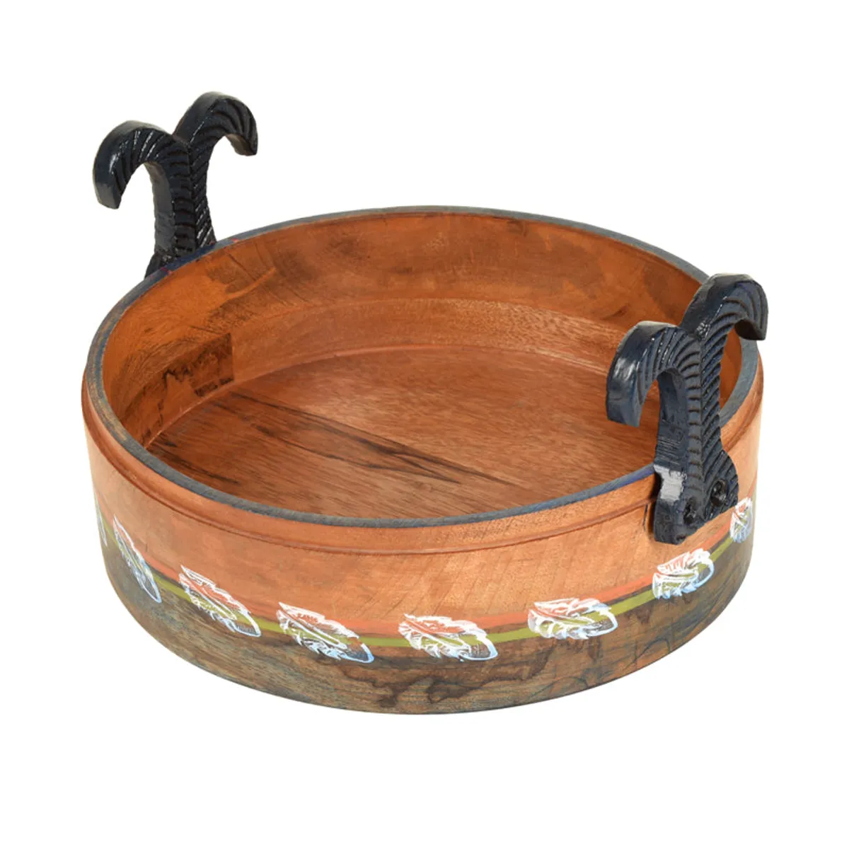 Close view of the decorated wooden bowl with black handles