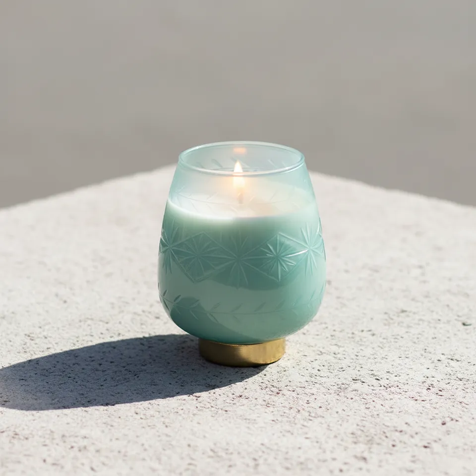 Lit green patterned candle with a gold-toned base on a light surface