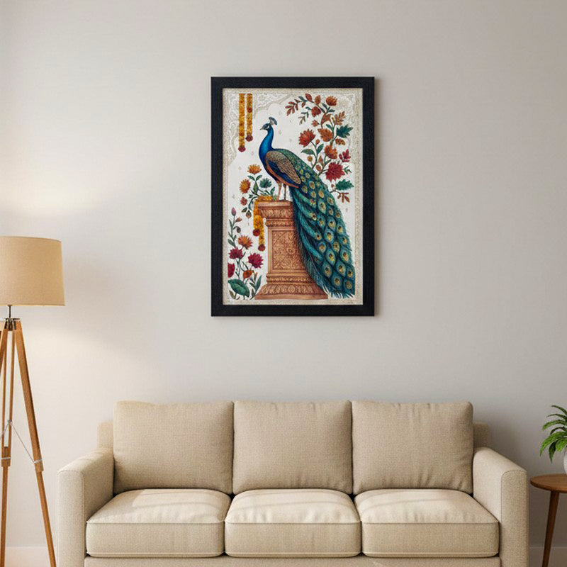 Royal Peacock Floral Wall Painting With Frame