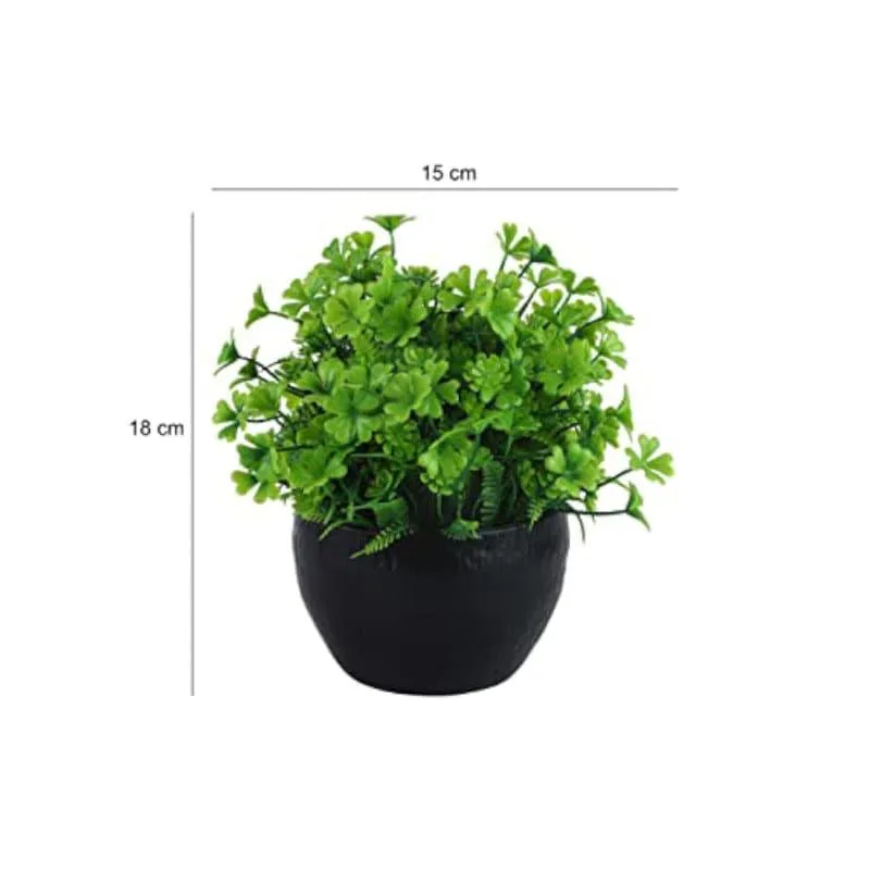 Green faux plant with leafy foliage in a black pot, shown with 15 cm width and 18 cm height.