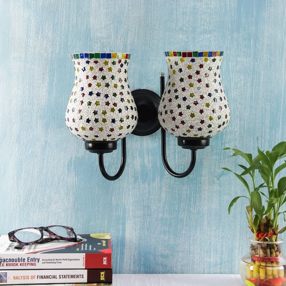 Unlit dual wall lamp with white mosaic glass shades and black iron frame