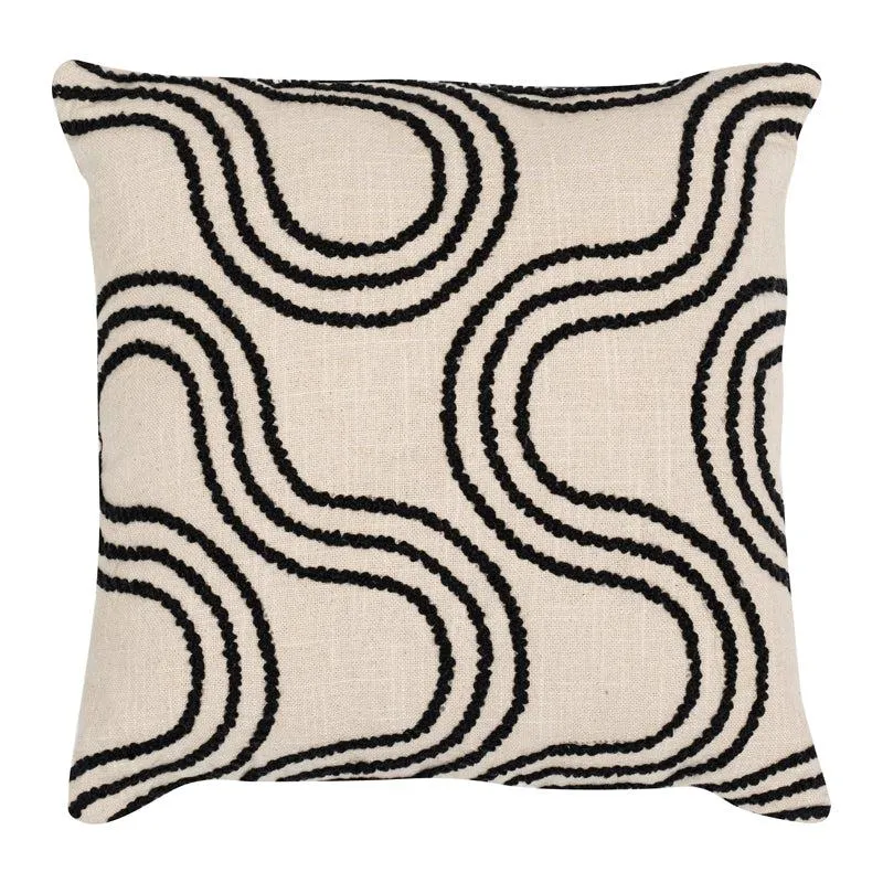 Front view of square ivory cushion cover with black abstract wave pattern