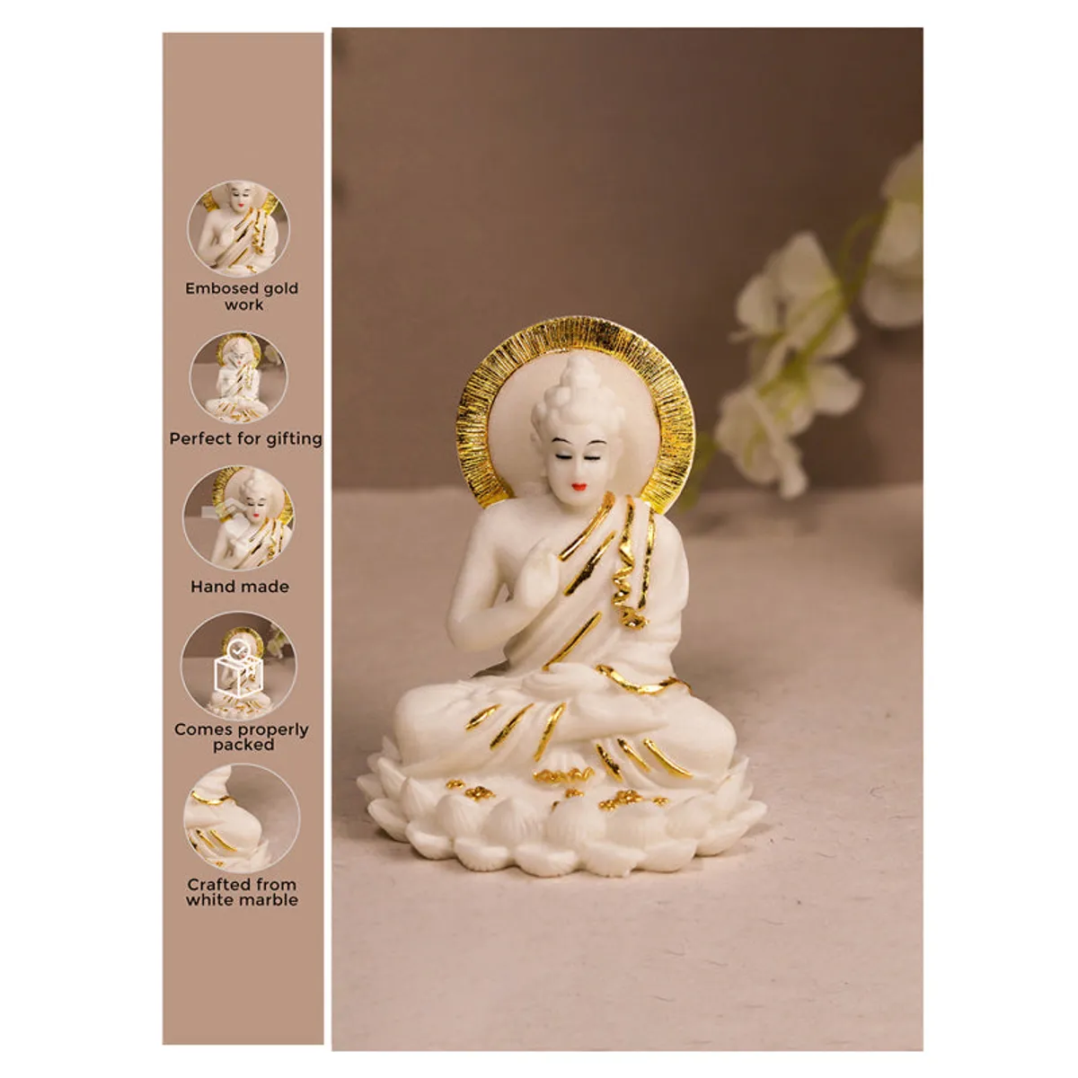 Buddha showpiece displayed with close-up detail callouts on the left
