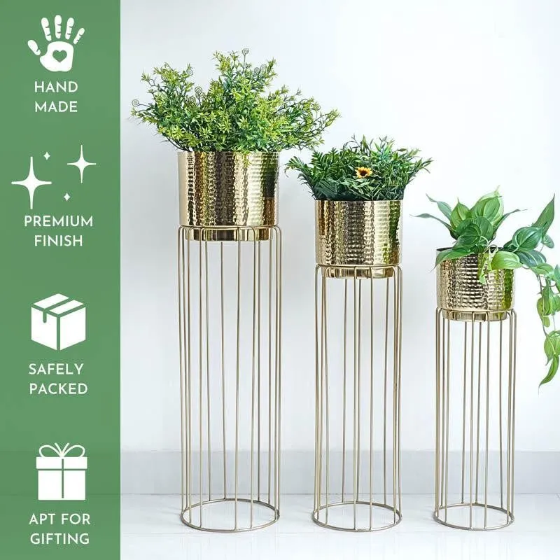 Regal Hammered Metal Planters With Tall Stands - Set Of Three media 4