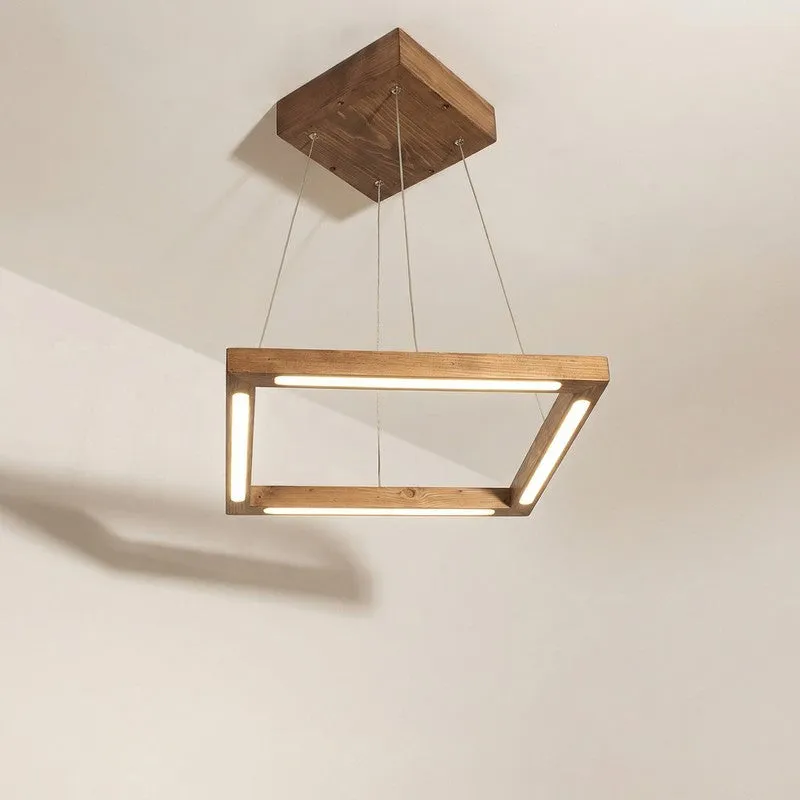 Angled view of a square wooden LED ceiling lamp suspended from a ceiling mount