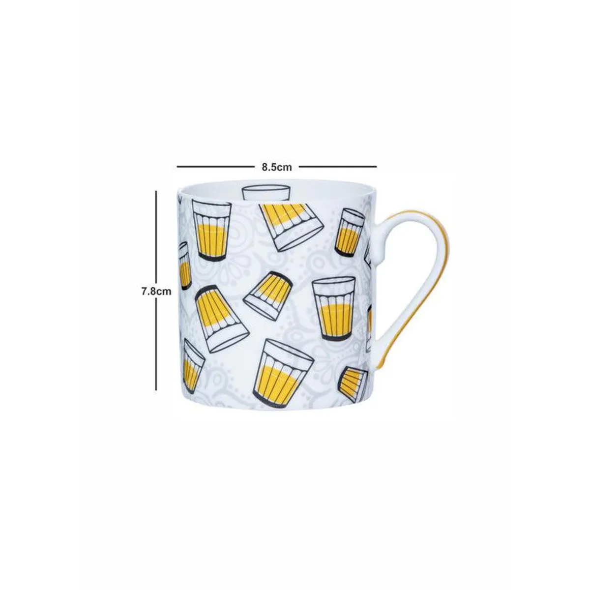 White bone china mug with yellow handles and illustrated glasses motif