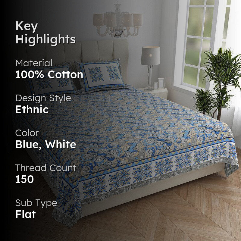 Nidra Nector  Floral Cotton Bedsheet (Blue) - 150 TC media 2