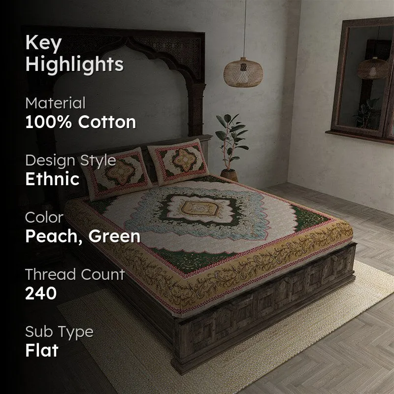 Chaitri Ethnic Cotton Bedsheet (Peach,Green) - 240 TC media 2