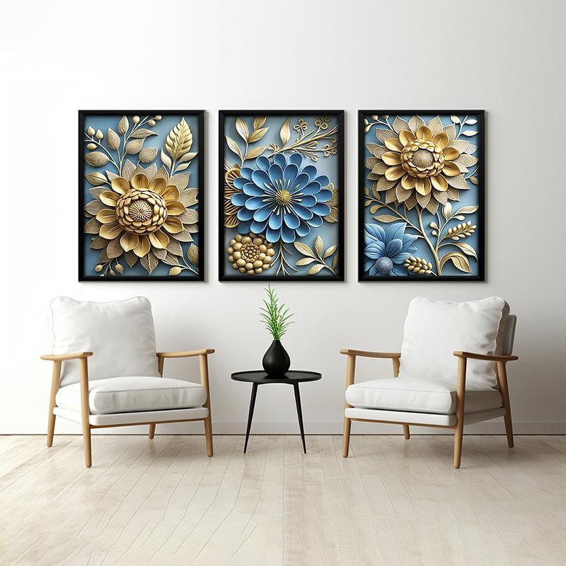 Cerulean Gold Wall Art With Frame - Set Of Three
