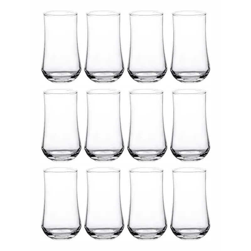 Set of twelve clear curved glass tumblers on a white background
