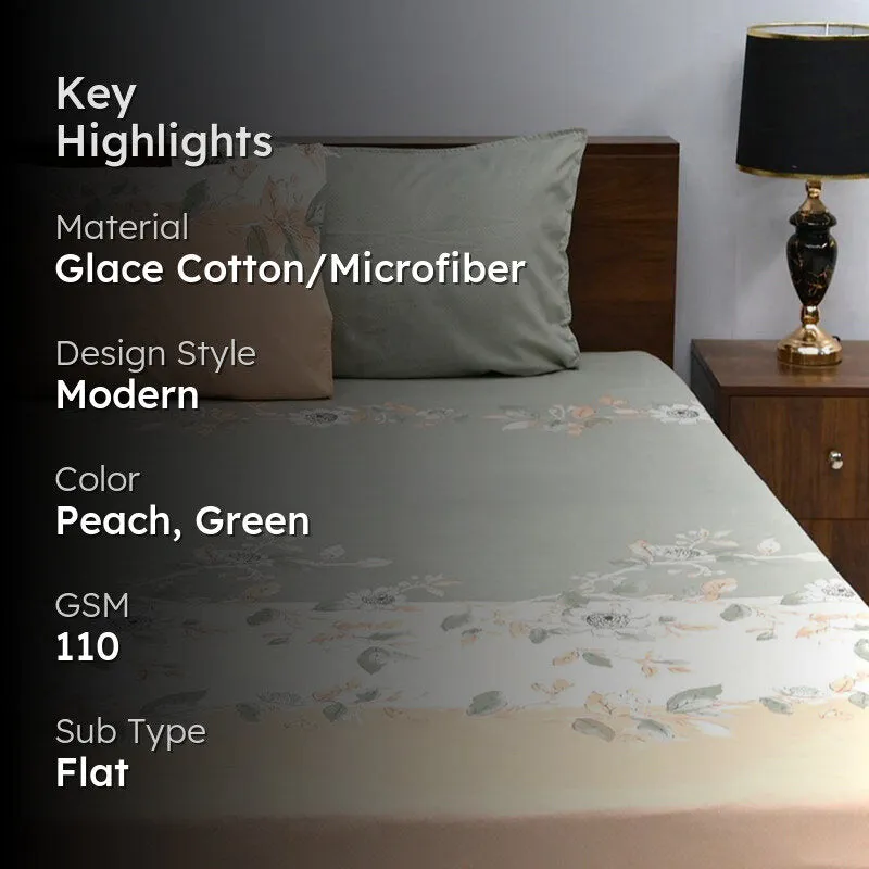 Dayita Floral Microfiber Bedsheet (Green & Peach) - 110 GSM media 2