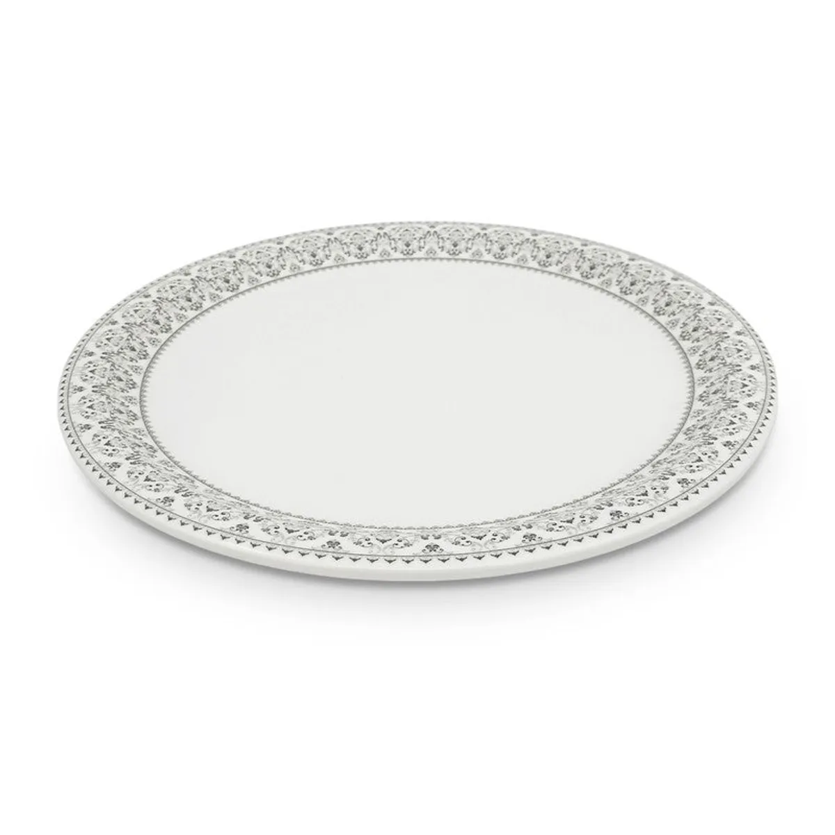 Single white quarter plate with a grey patterned rim shown from a low angle