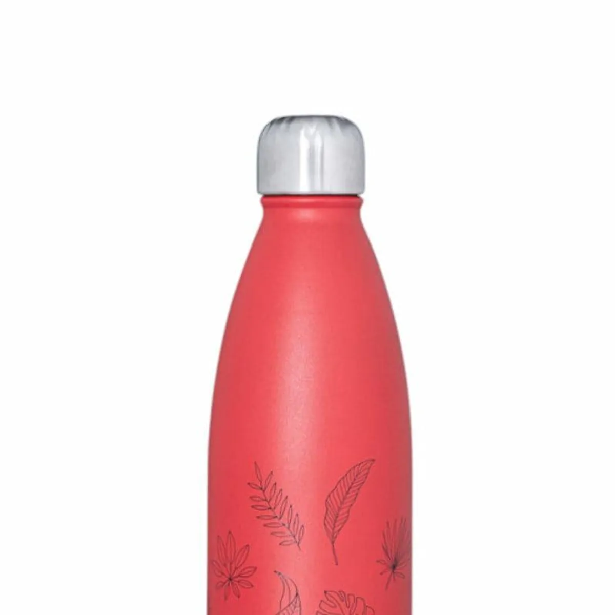 Red thermos bottle with silver cap and leaf and floral detailing