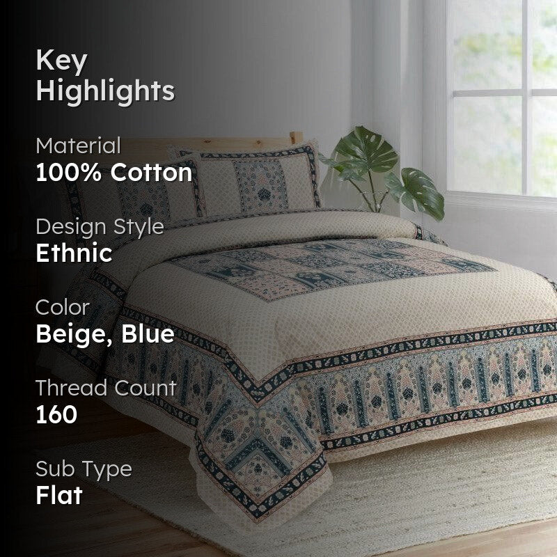 Parth Ethnic Cotton Bedsheet (Blue) - 160 TC media 2