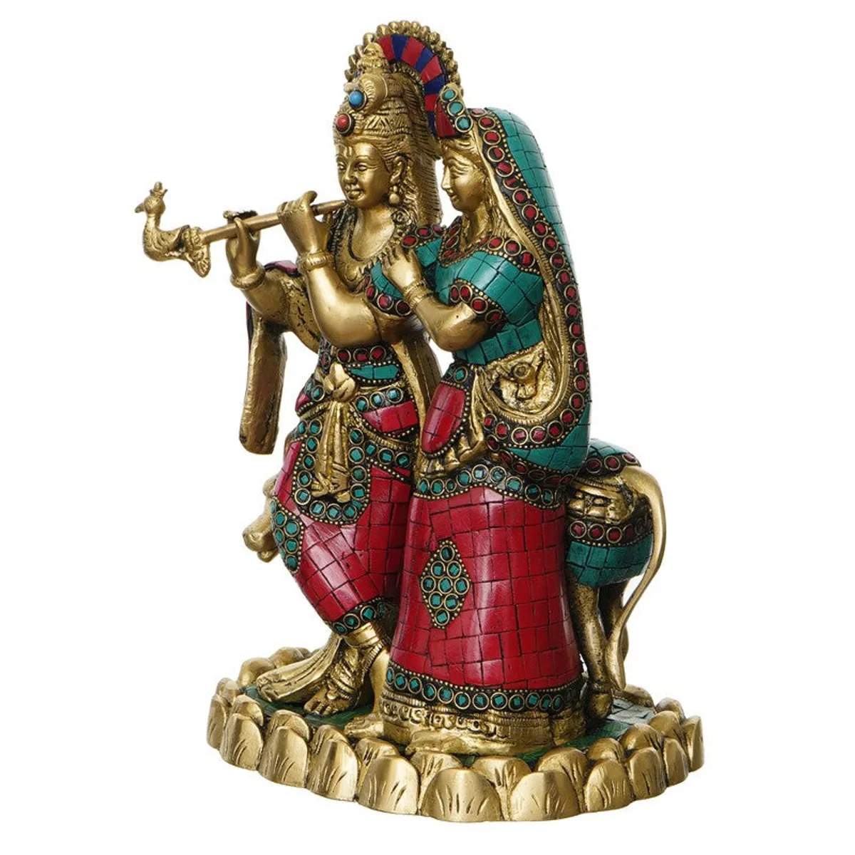 Side view of brass Krishna and Radha idol with glossy red and blue detailing