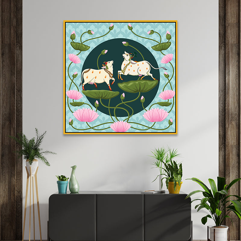 Lotus Pastures Canvas Wall Painting With Frame - Gold - Small