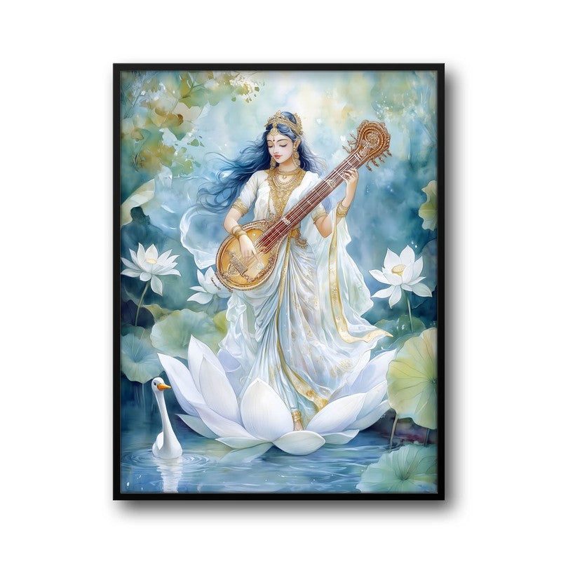 Veena Vaadhini Spiritual Archival Paper Wall Painting With Frame - Black media 5