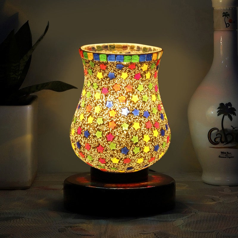 Prismia Mosaic Glass Table Lamp With Wooden Base - Multicolor