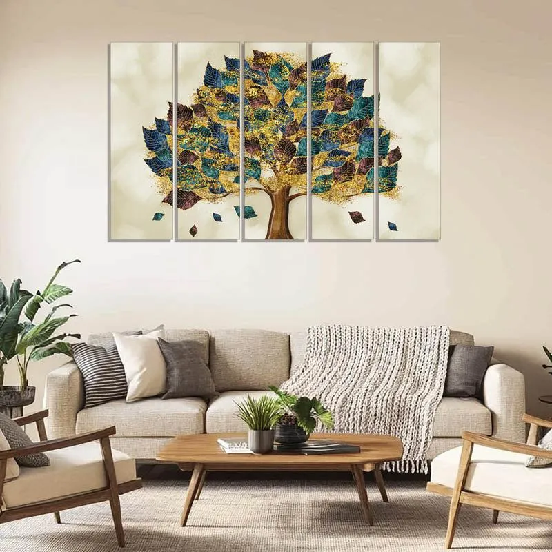 Madhuna Tree Canvas Wall Painting - Set Of Five media 1