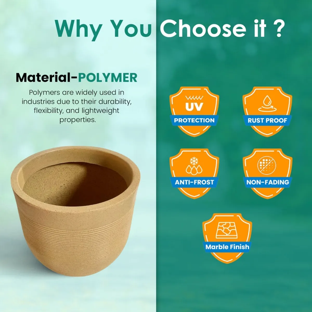 Brown polymer planter shown with material and finish information.