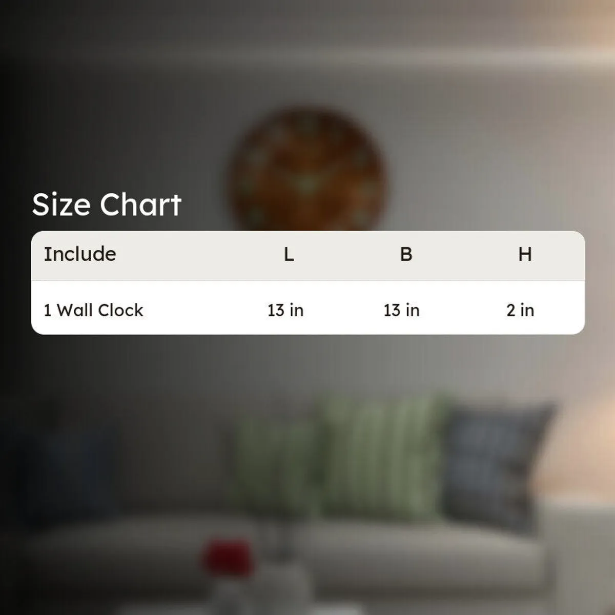 Round wall clock shown against a softly blurred living-room background