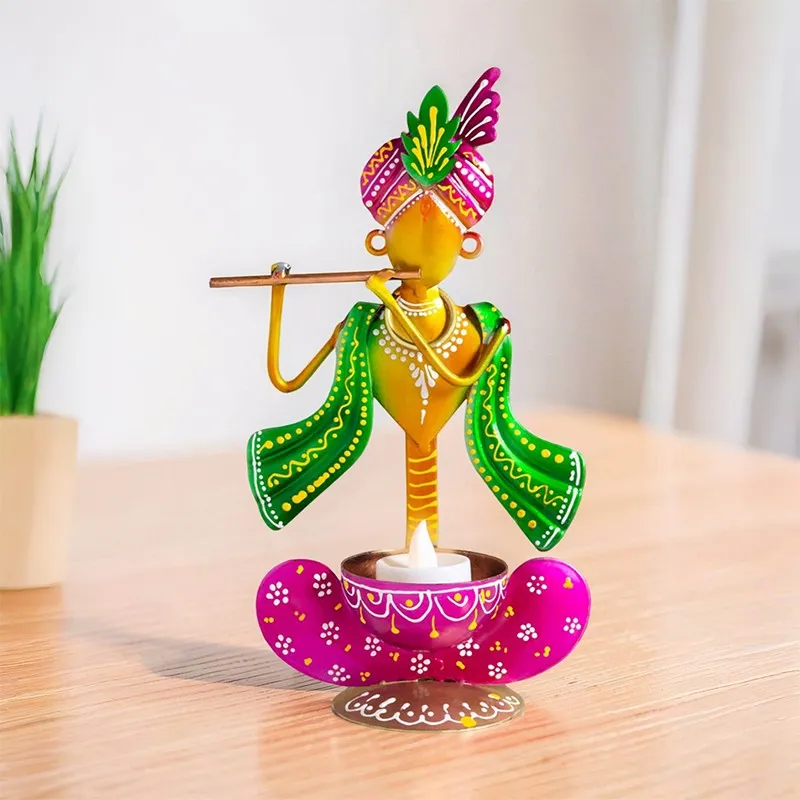 Krishan Iron Figurine with Diya - Purple,Yellow media 1