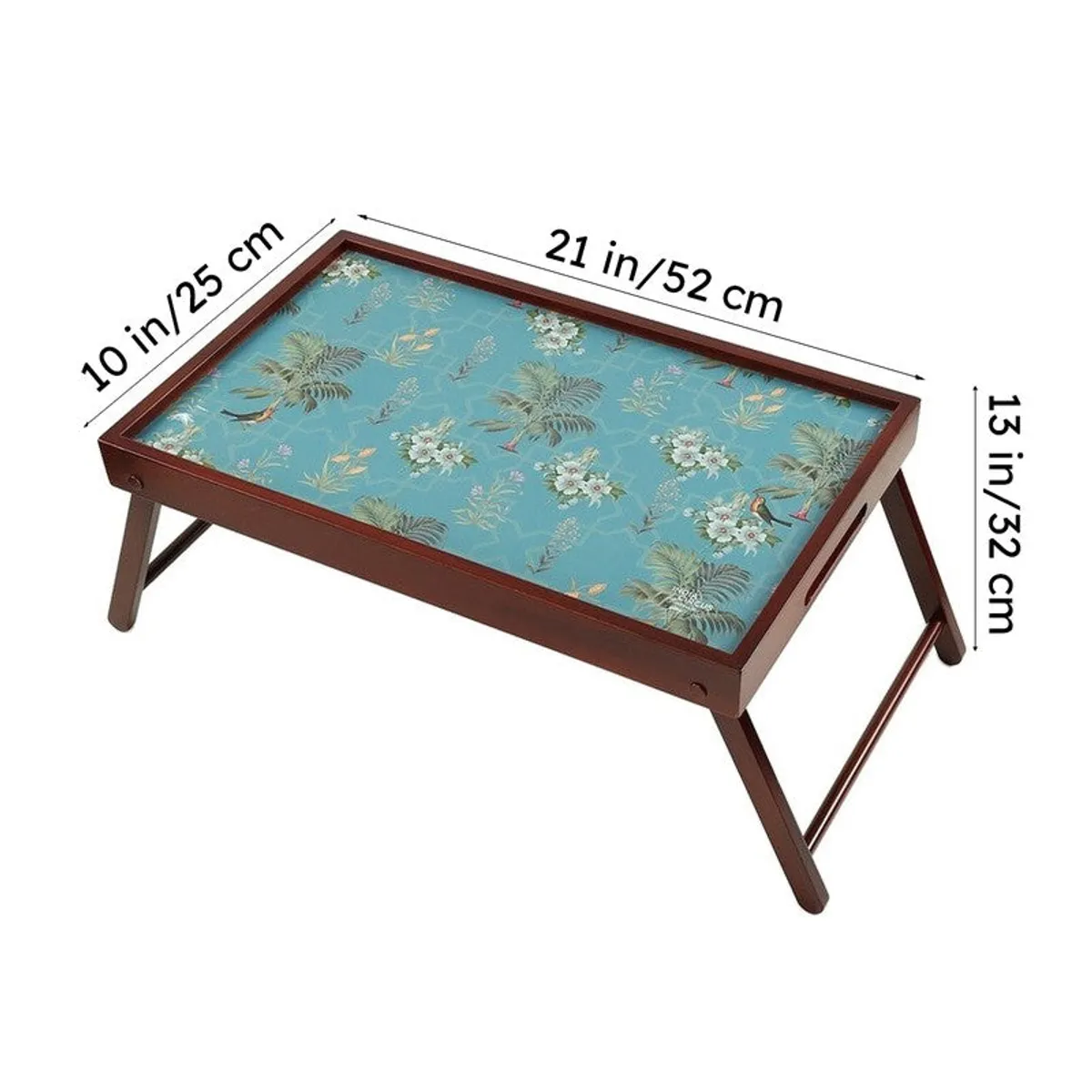 Foldable tray table with blue patterned top and dimension markings
