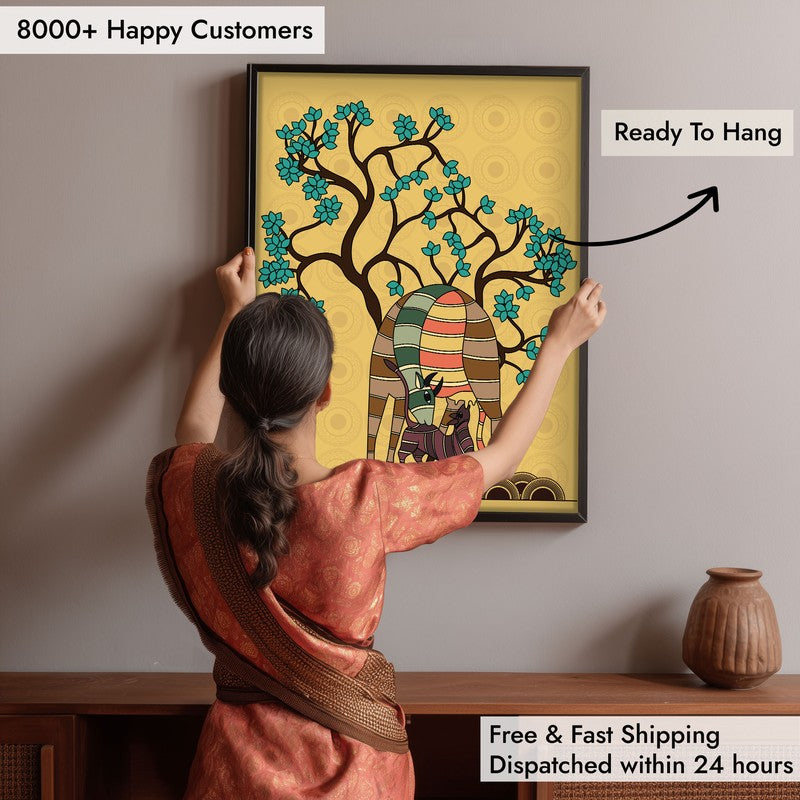 Deer And Fawn Framed Gond Canvas Wall Painting media 7