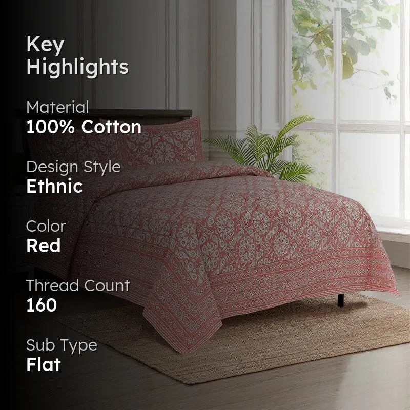 Seina Floral Cotton Bedsheet (Red) - 160 TC media 2