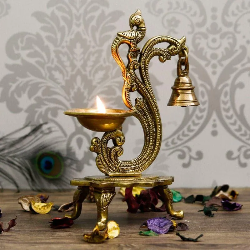 Antique Brass Parrot Diya With Bell - Gold media 3