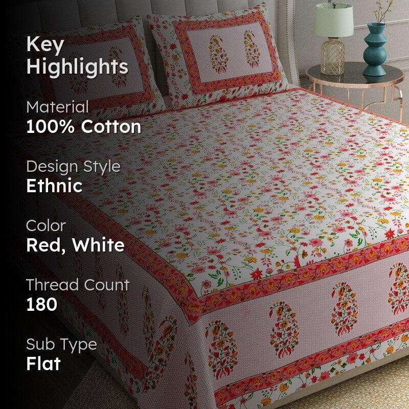 Avinya Floral Cotton Bedsheet (Red) - 180 TC media 2