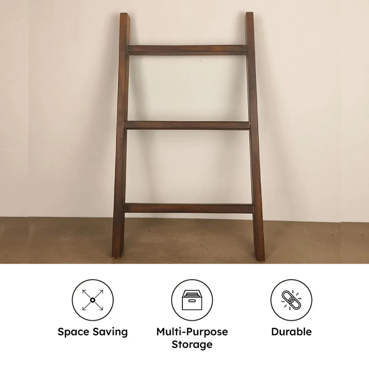 Front view of a brown wooden ladder-style rack with highlight icons below