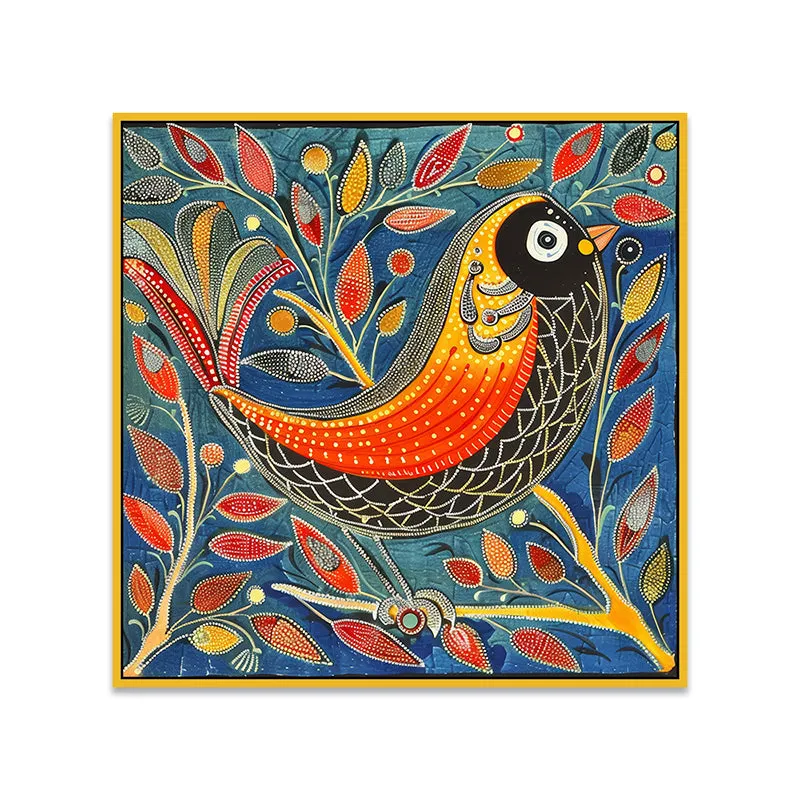 Colourful Avian Canvas Wall Painting With Frame - Gold media 5