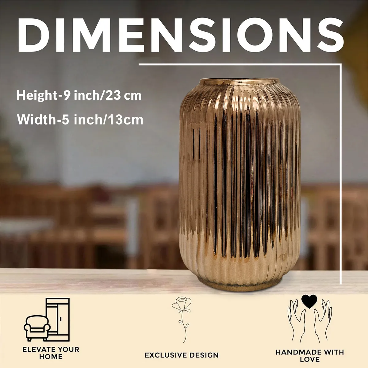 Opulent Ribbed Ceramic Vase - Gold media 4