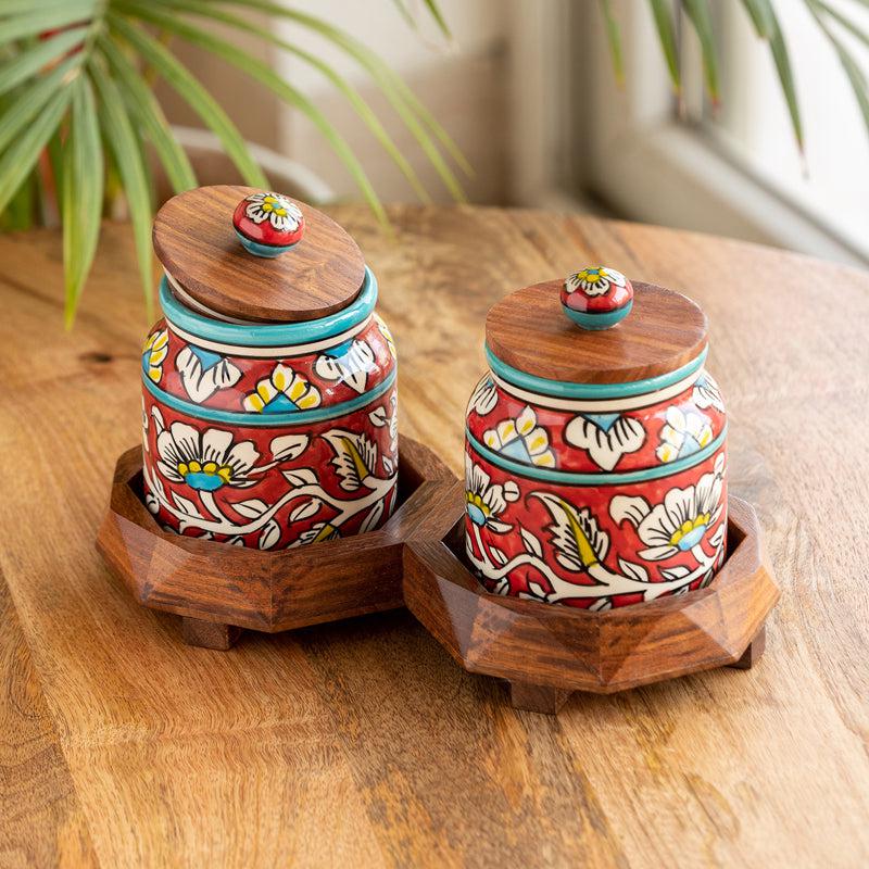 Rang-E-Gul Handpainted Ceramic Multi-Utility Jar With Tray (440 mL Each) - Four Piece Set