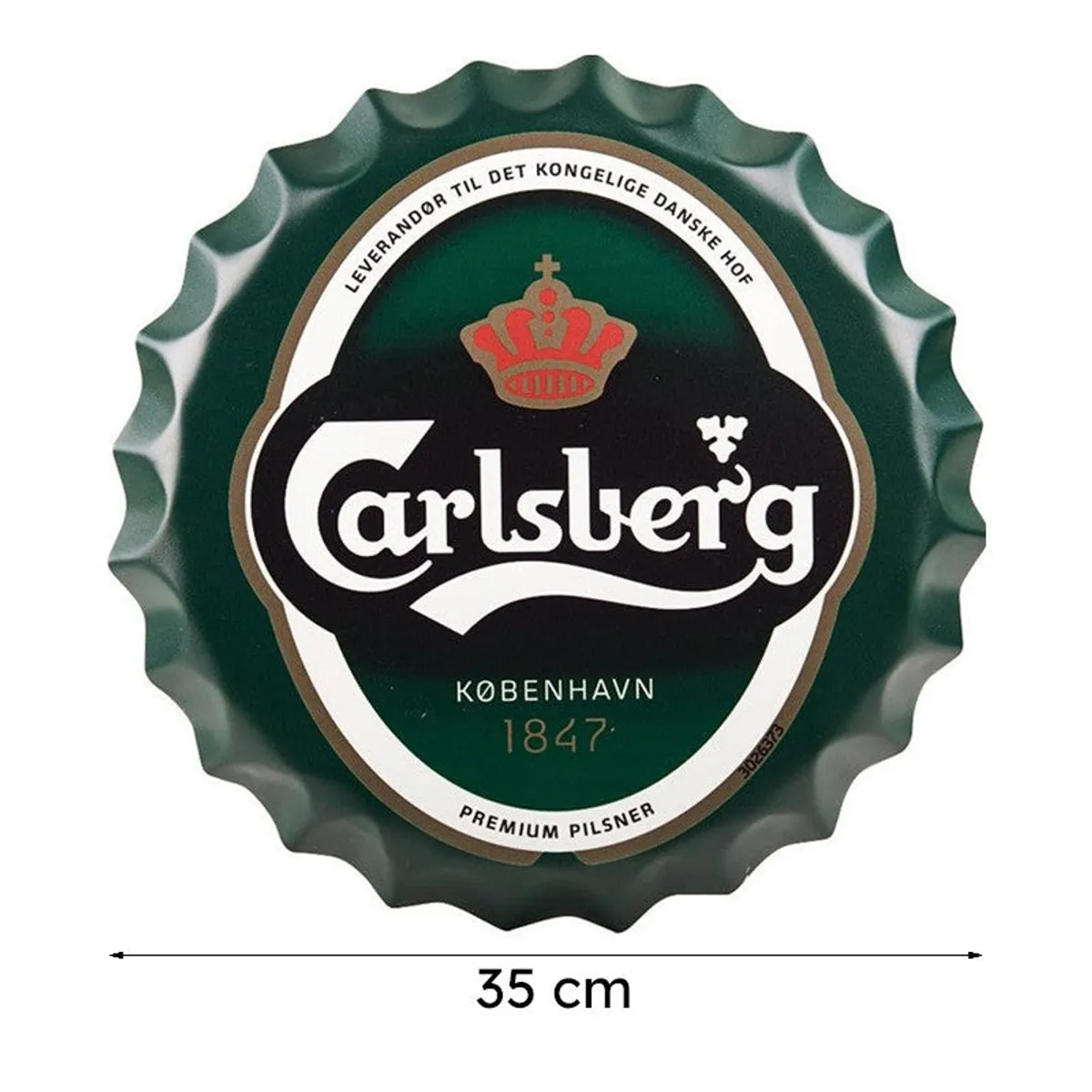Front view of a green Carlsberg 1847 bottle-cap wall accent